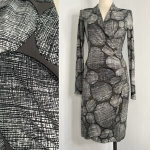 Kamali Kulture Long Sleeve Knee Length Faux Wrap Dress Grey Mesh Dots Size XS